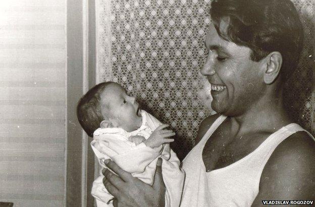 Leonid Rogozov holding a very young Vladislav in 1969