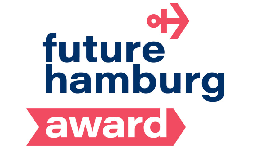 Logo des Future Hamburg Award. Der Schriftzug 'future hamburg' ist in dunkelblauer Schrift gehalten, darunter steht 'award' in weißer Schrift auf einem roten Pfeil. Rechts oben befindet sich ein stilisiertes rotes Anker-Symbol.