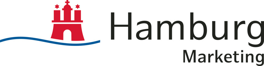 Logo of Hamburg Marketing featuring a red castle with stars and a blue wave beneath.