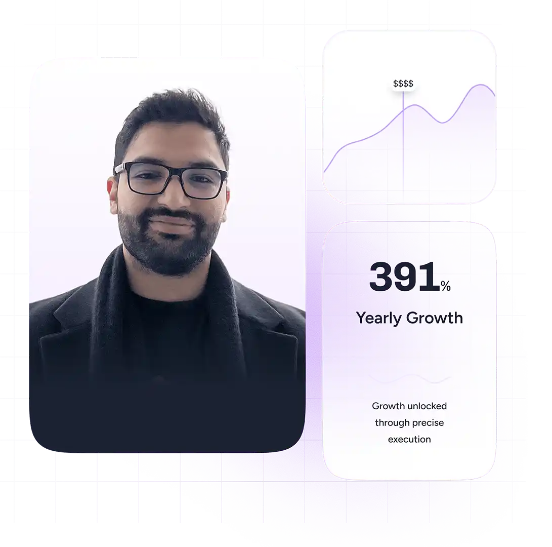 Foued, Founder & CEO of Media Pantheon Inc., wearing a black coat, pictured alongside growth data