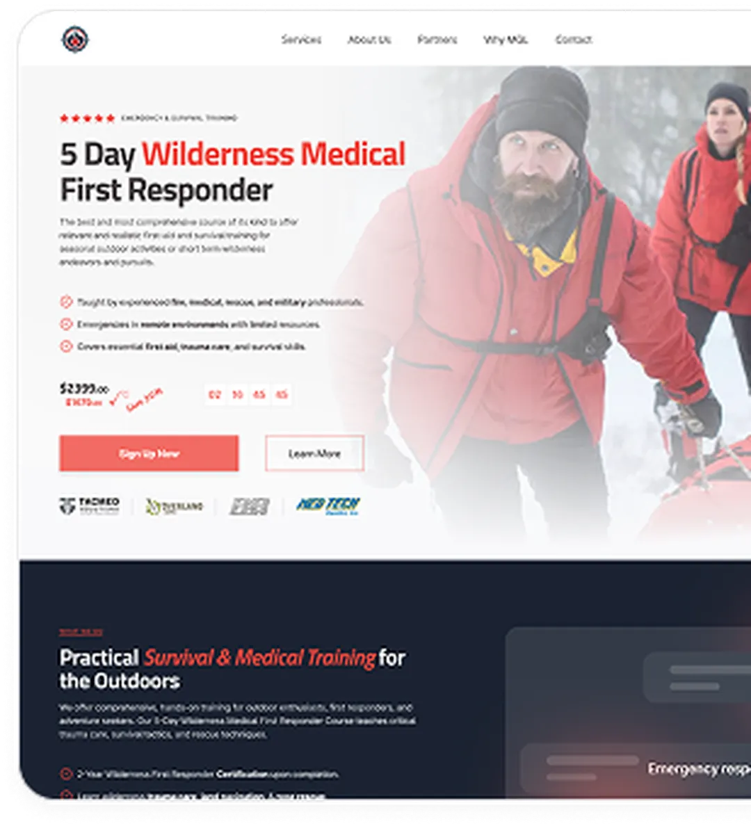 Man and woman in red outdoor gear, with training features on the left of True North Medical Safety.