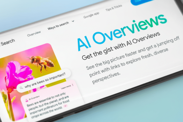 A smartphone displaying Google Search with an AI Overviews feature. The screen shows a search result for why are bees so important? with an image of a bee on a pink flower.