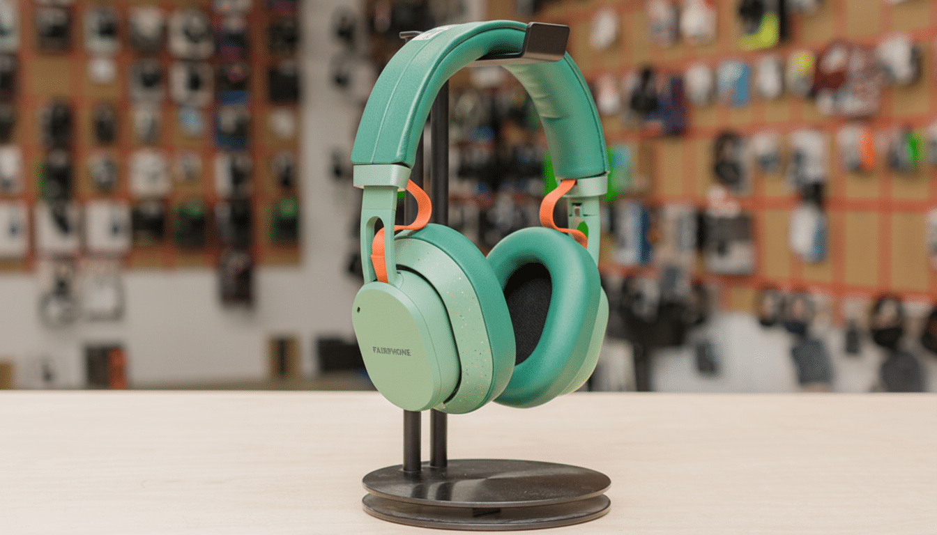 A pair of green Fairphone headphones with orange accents, resting on a black stand.