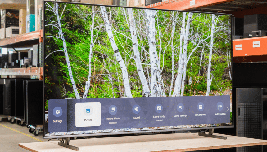 A large flat-screen television displaying a forest scene with a menu overlay, set in what appears to be a warehouse or retail storage area.