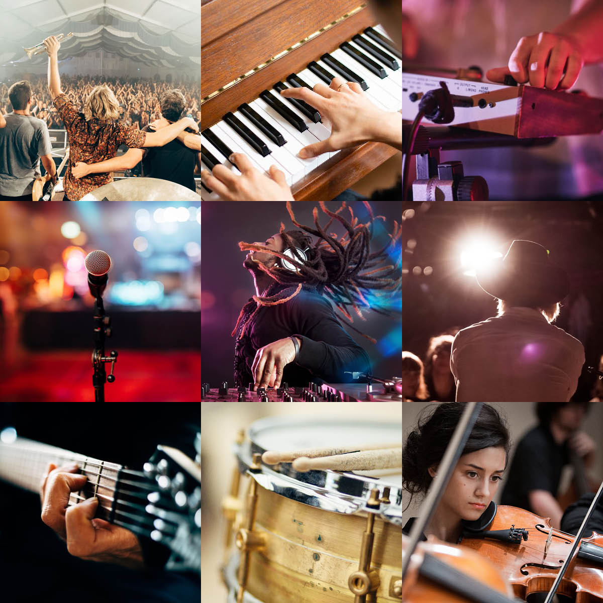 Collage mit Musikern und Instrumenten.