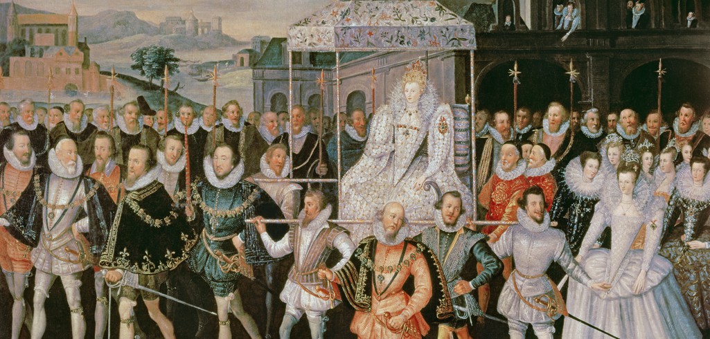 Porträt einer königlichen Prozession mit einer sitzenden Königin auf einem Thron, umgeben von Adligen und Soldaten.